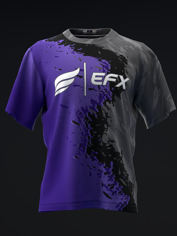 Purple and black bowling jersey with EFX logo and splatter design, front view