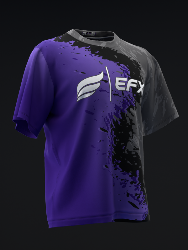 Purple and black bowling jersey with EFX logo and splatter graphic design