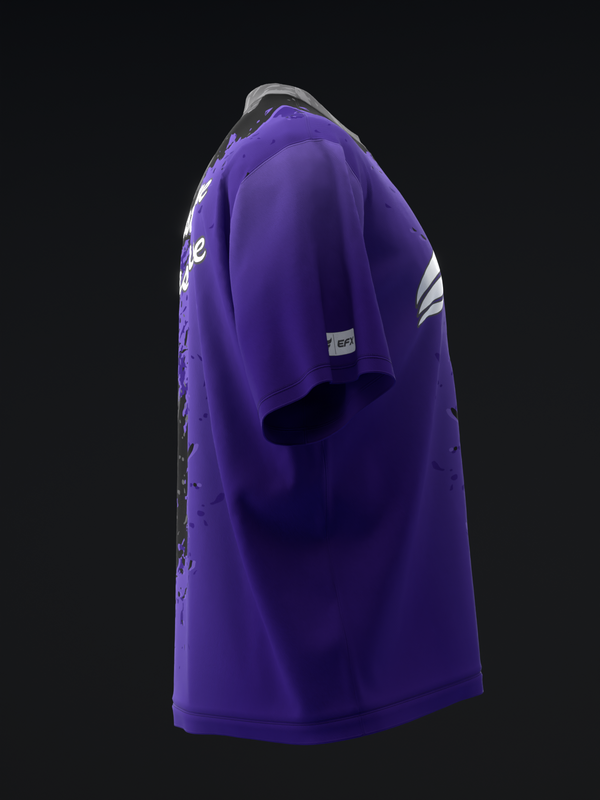 Purple bowling jersey with white text and stripe details, side view