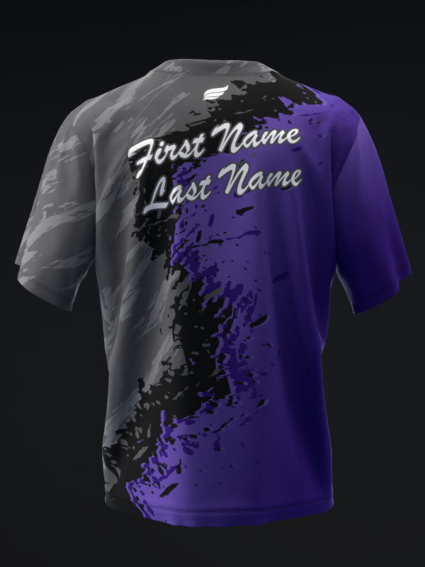 Purple and gray bowling jersey with splatter design and name customization