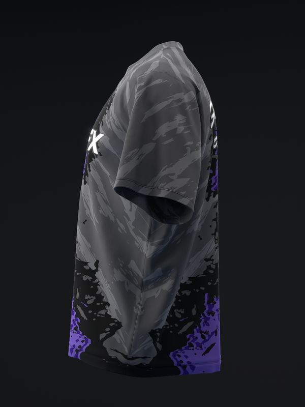 Gray bowling jersey with purple and black splatter design on sleeves