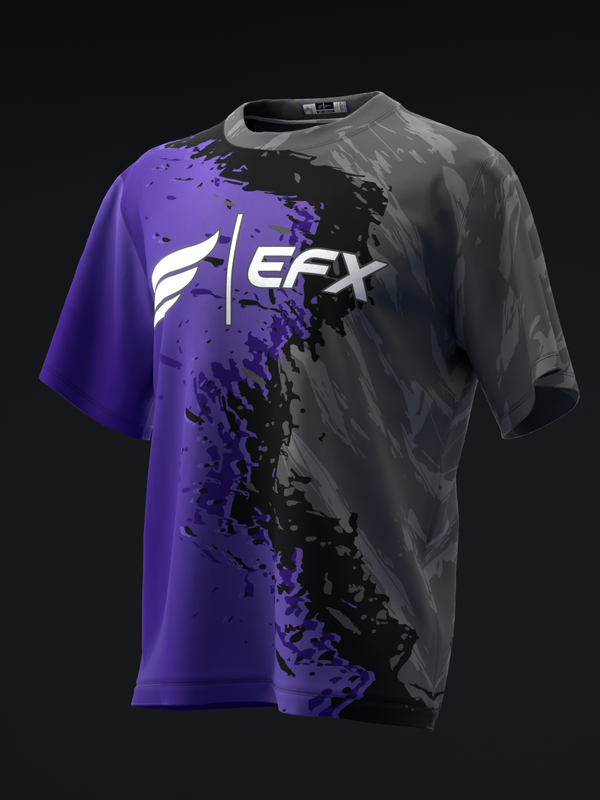 Purple and gray bowling jersey with white EFX logo and distressed pattern, front view