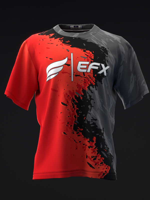 Red and charcoal bowling jersey with EFX logo and splatter graphic design