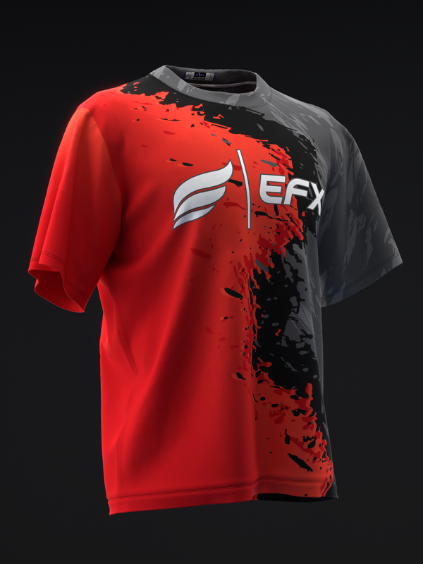 Red and black bowling jersey with EFX logo and splatter design, front view