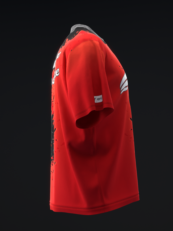 Red bowling jersey with white text and gray shoulder trim, side view