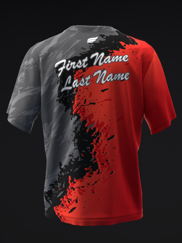 Red and gray bowling jersey with splatter graphic and name customization