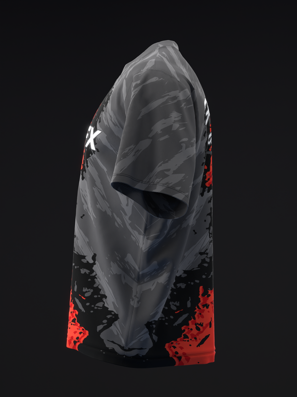 Gray bowling jersey with red and black splatter design on sleeves