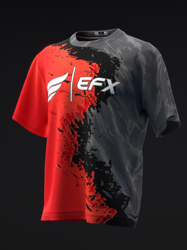 Red and black bowling jersey with white logo and splatter design, front view