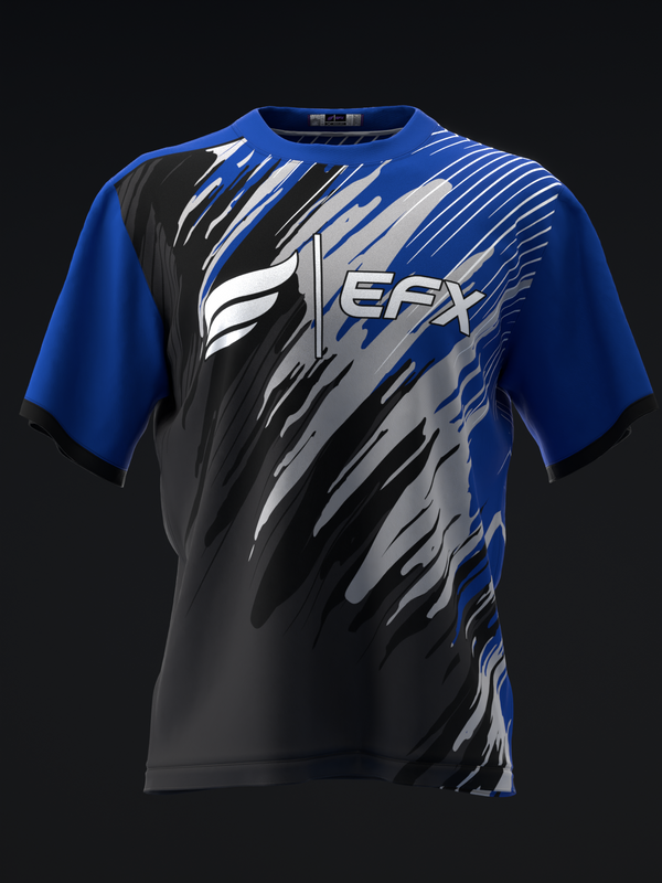 Blue bowling jersey with black and gray diagonal stripe graphic and EFX logo
