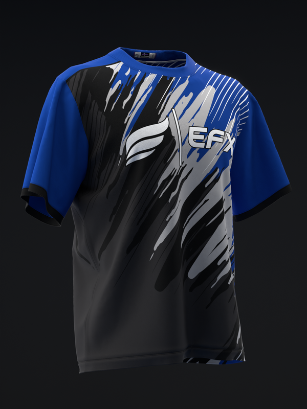 Blue and black bowling jersey with white streaked graphic and EFX logo, front view