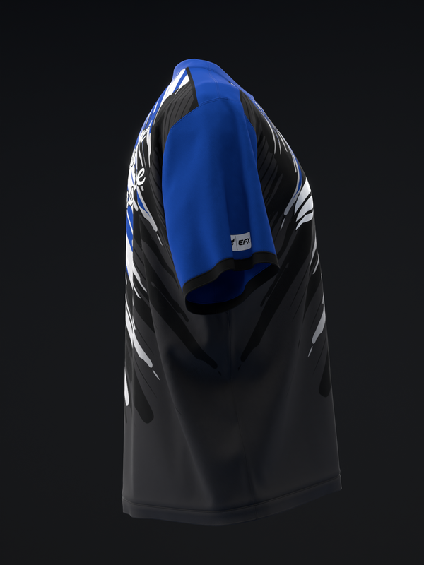Black bowling jersey with blue back panel and white graphic wing design