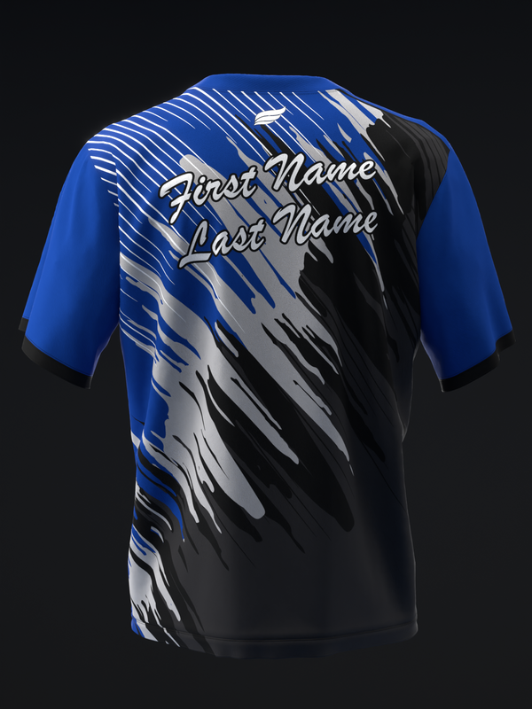Blue and black bowling jersey with diagonal brushstroke design and personalization text