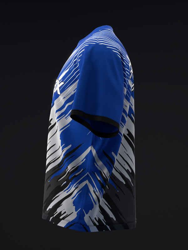 Blue bowling jersey with white and black streaked graphic design, side view