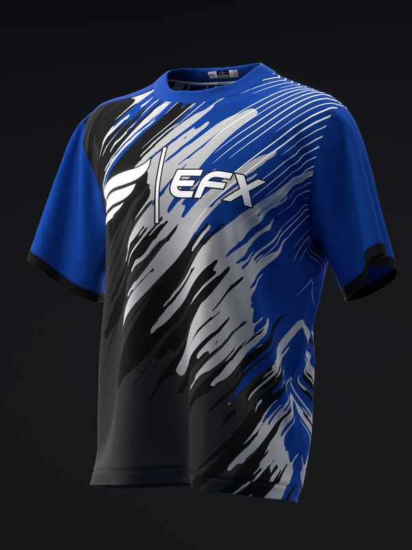 Blue and black bowling jersey with white striped graphic design and EFX logo