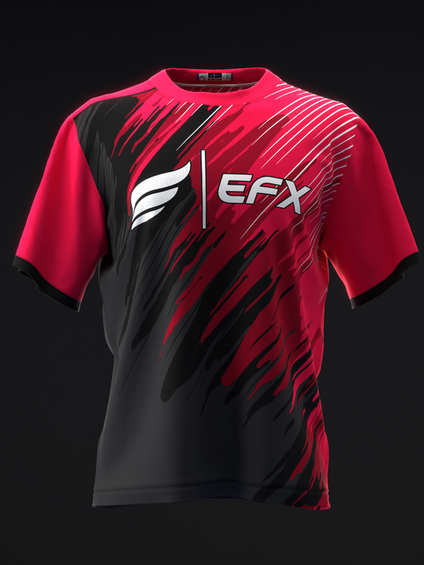 EFX bowling jersey front view with black and red gradient design and white logo