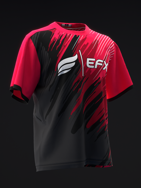 Bowling jersey with black and red color-block design and EFX logo, front view