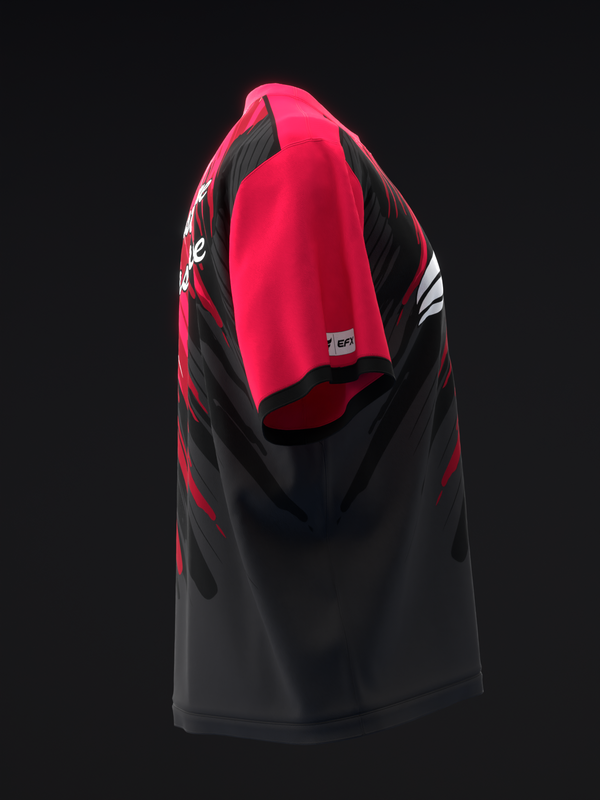 Black and red bowling jersey with white accents on side panels, back view