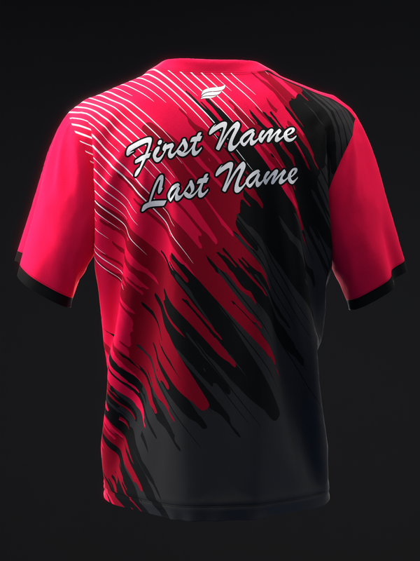 Bright pink and black bowling jersey with diagonal striped and brushstroke graphic design, front view
