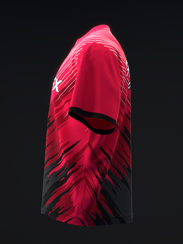 Red and black bowling jersey with white logo and diagonal stripe pattern