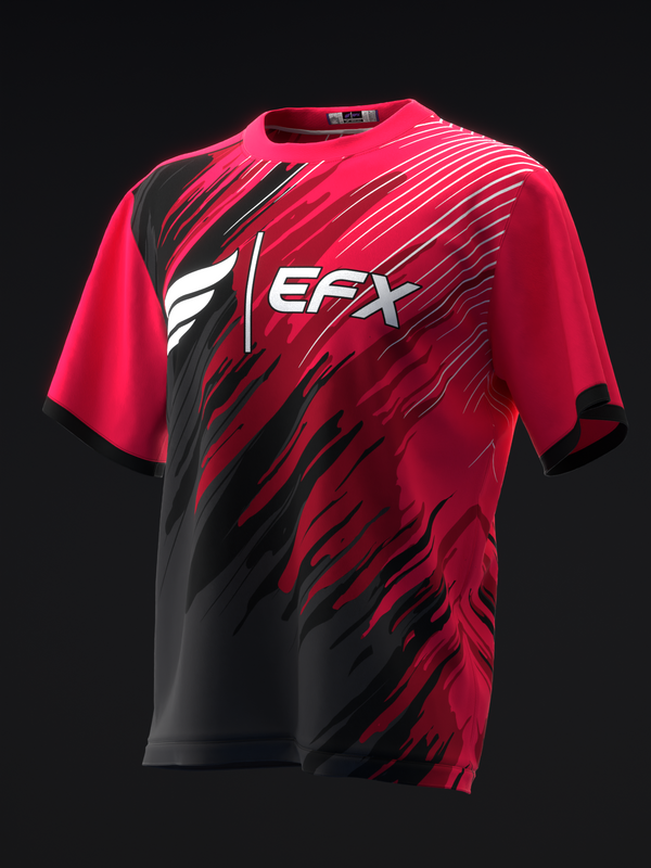 Red and black bowling jersey with EFX logo and diagonal stripe design, front view