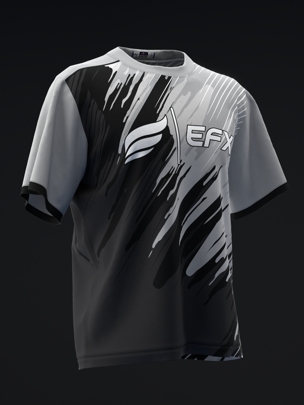 Black and silver bowling jersey with streaked graphic design and EFX logo, front view