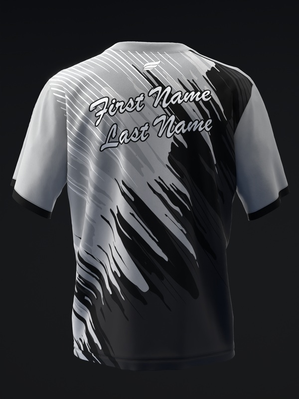 Black and silver bowling jersey with diagonal brush stroke design and name customization