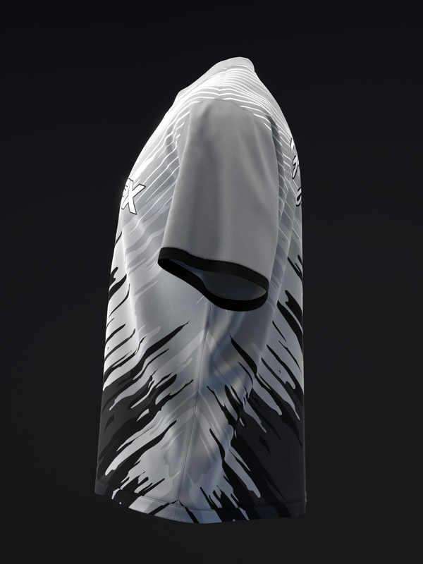 White and black bowling jersey with abstract streaked graphic design, side view