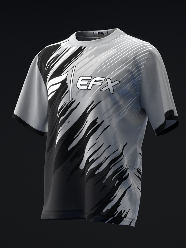 Front view of black and silver bowling jersey with diagonal slash graphic pattern
