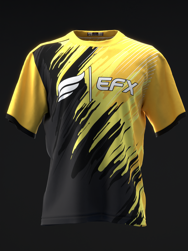 Yellow and black bowling jersey with EFX logo and diagonal slash design, front view