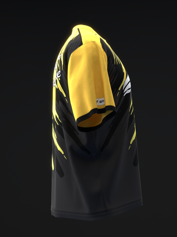 Black bowling jersey with yellow and white graphic design on front