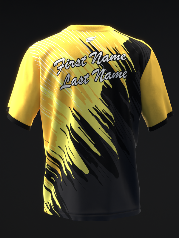 Black and yellow bowling jersey with personalized name lines and slash pattern design