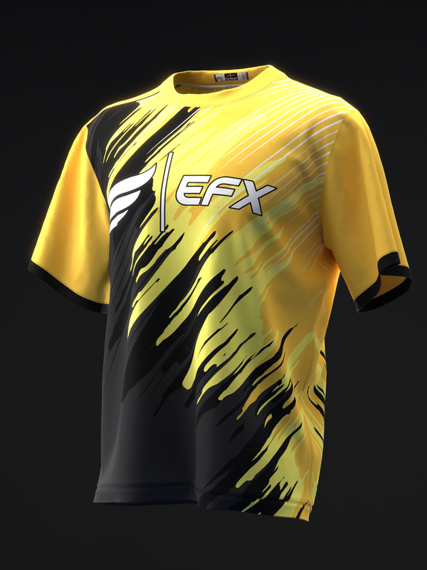 Yellow and black bowling jersey with EFX logo and diagonal striped design, front view