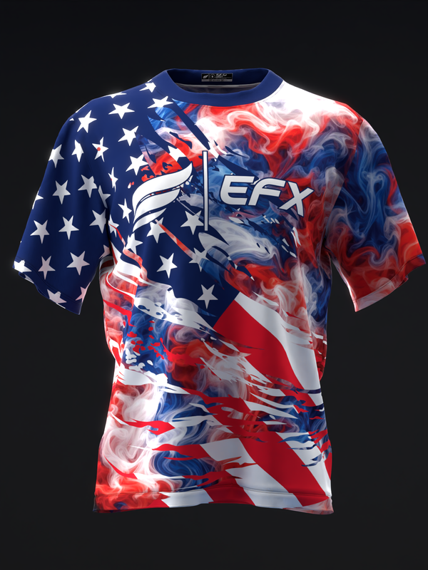Front view of red, white, and blue bowling jersey with swirling smoke pattern and EFX logo