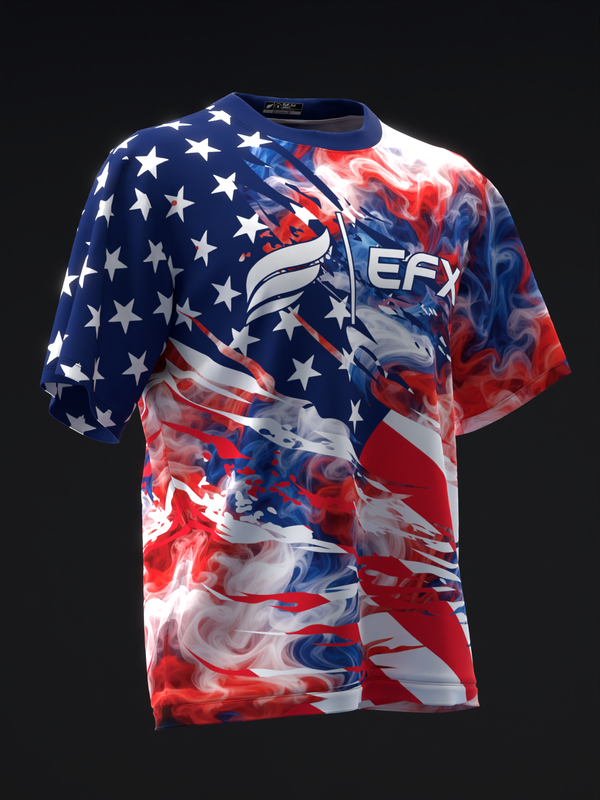 Front view of red, white, and blue bowling jersey with stars and swirled smoke pattern