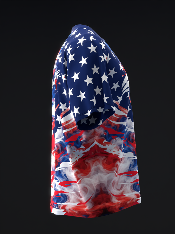 Navy and red bowling jersey with white stars and abstract smoke pattern, side view