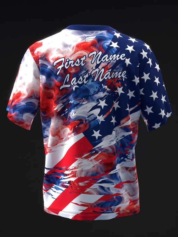Bowling jersey back view with red, white, blue smoke pattern and stars