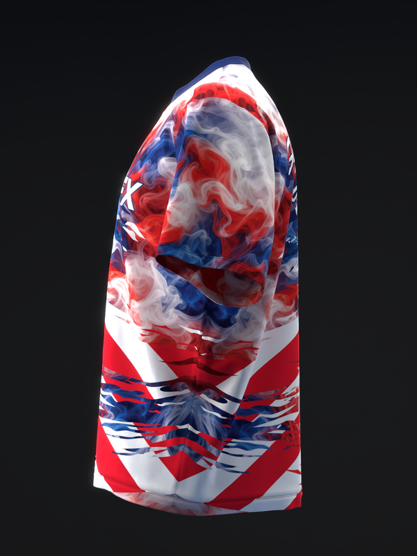 Red, white, and blue bowling jersey with smoke swirl pattern, front view
