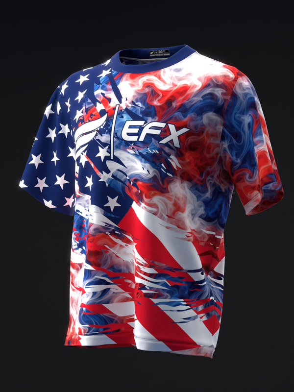 Front view of red, white, and blue bowling jersey with EFX logo and patriotic design
