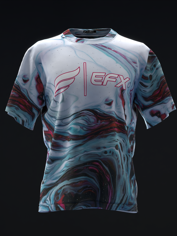 Front view of white bowling jersey with red EFX logo and swirled teal and crimson marble pattern