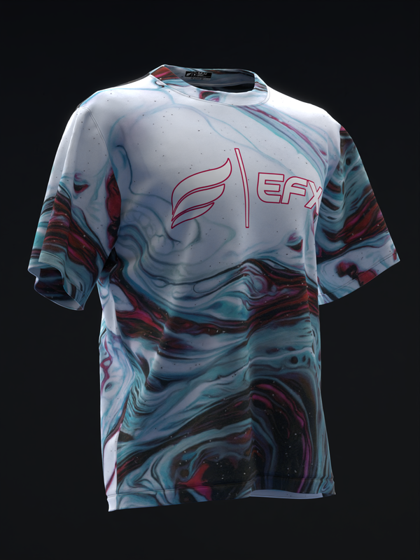 White bowling jersey with swirled crimson and teal marble pattern, front view