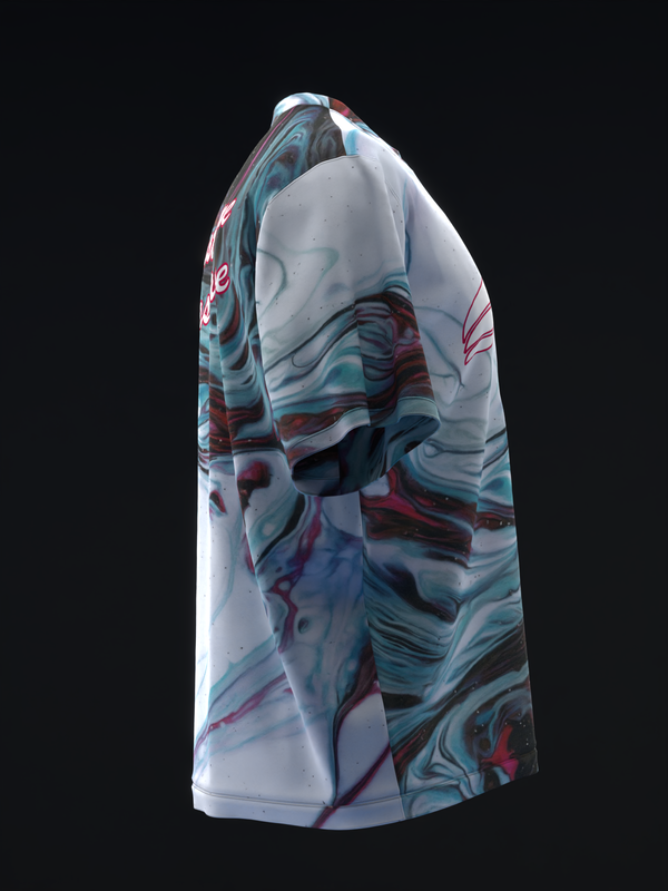 White bowling jersey with abstract swirled pattern in teal, burgundy, and navy, side view