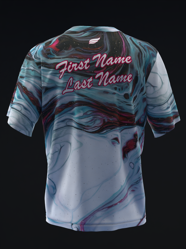 Back view of bowling jersey with swirled teal and burgundy pattern and pink personalization text