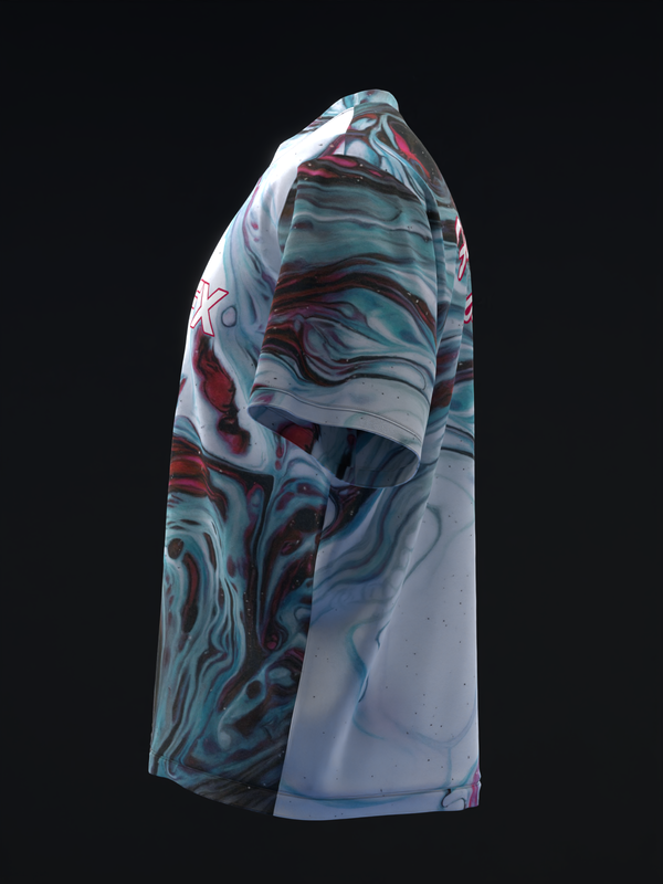 Light blue bowling jersey with marbled teal and crimson swirl pattern, side view