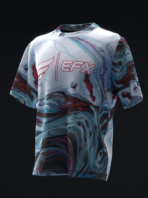 White bowling jersey with swirling crimson and teal marble pattern and red EFX logo