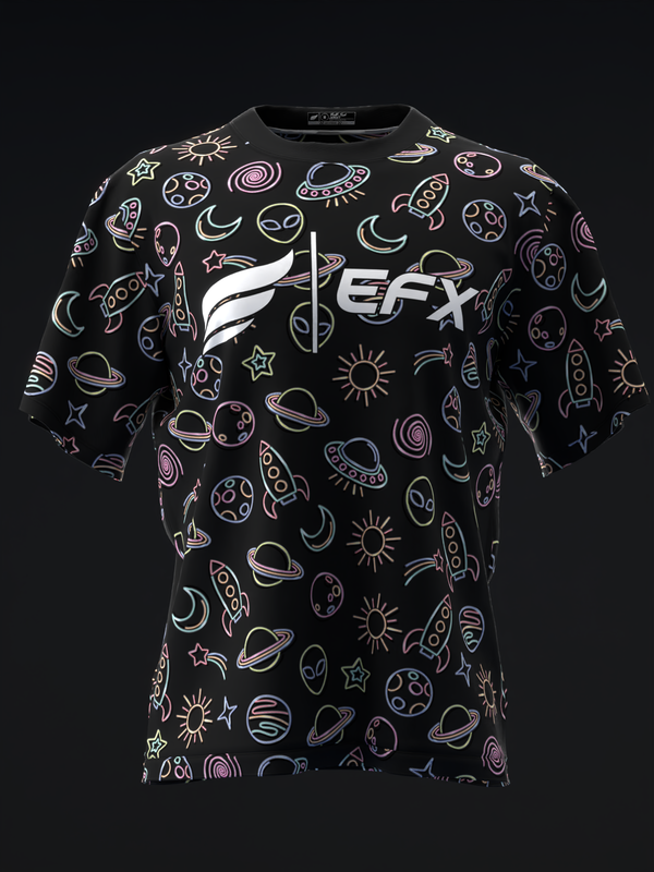 Black bowling jersey with white EFX logo and colorful space-themed graphics throughout