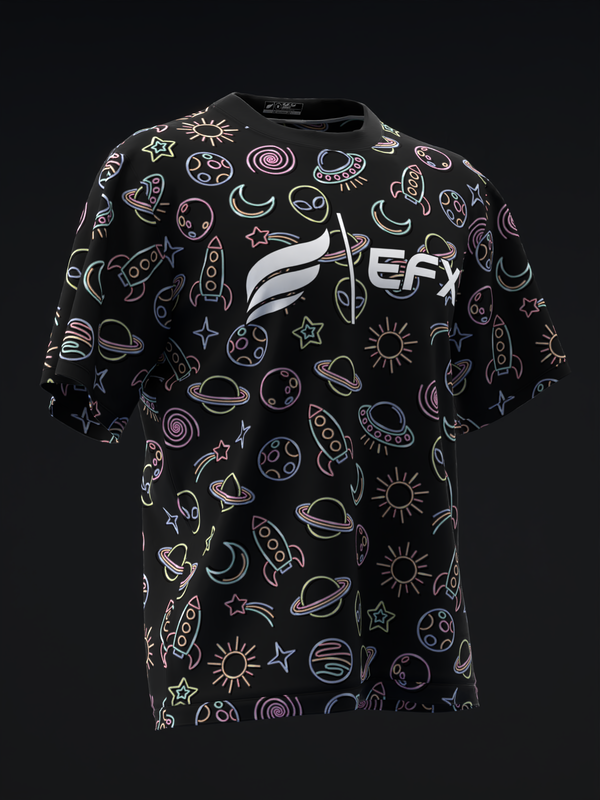 Black bowling jersey with colorful space-themed graphic pattern front view