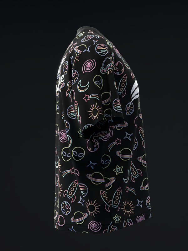 Black bowling jersey with neon space-themed pattern including planets, rockets, and stars