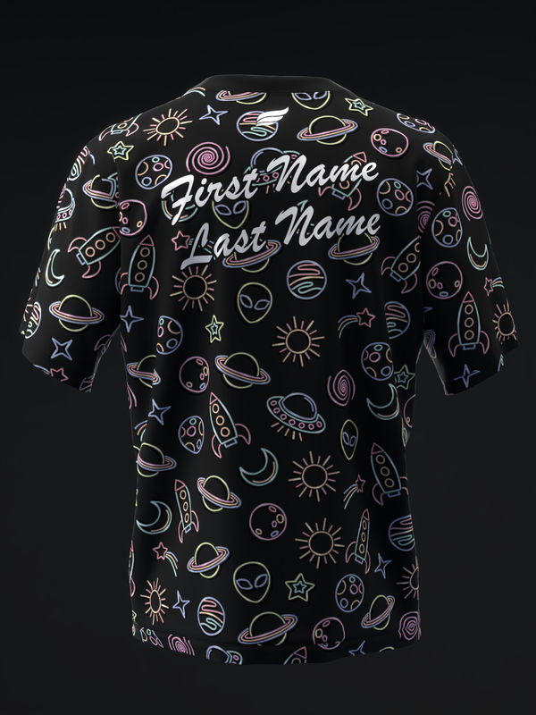 Black bowling jersey with colorful space-themed outline graphics and personalization text