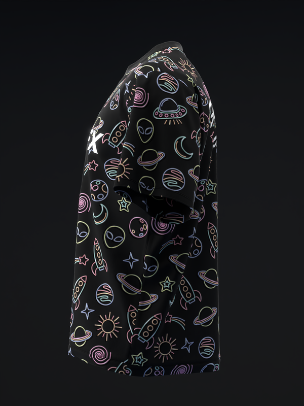 Black bowling jersey with neon outline space and alien graphic print