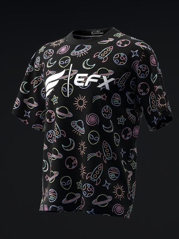 Black bowling jersey with colorful space-themed graphics and white logo